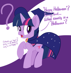 Size: 1458x1500 | Tagged: safe, artist:notadeliciouspotato, derpibooru import, twilight sparkle, alicorn, pony, abstract background, cape, clothes, confused, costume, dialogue, female, frown, halloween, hat, holiday, mare, open mouth, question mark, raised hoof, solo, speech bubble, talking, witch costume, witch hat