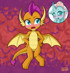 Size: 1000x1042 | Tagged: safe, alternate version, artist:uotapo, derpibooru import, ocellus, smolder, changedling, changeling, dragon, blushing, cute, dragoness, female, open mouth, smolcellus, solo focus, spread wings, uotapo is trying to murder us, weapons-grade cute