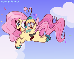 Size: 1000x800 | Tagged: safe, artist:rubyg242, derpibooru import, fluttershy, pegasus, pony, butters stotch, crossover, flying, humans riding ponies, riding, south park