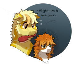 Size: 780x650 | Tagged: safe, artist:lastnight-light, derpibooru import, oc, oc only, oc:cheddar cheese, oc:colby jack, earth pony, pony, brush, colt, male, mouth hold, simple background, transparent background