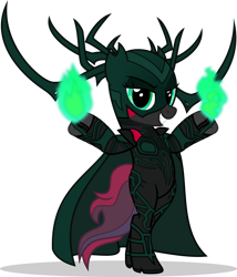 Size: 1280x1495 | Tagged: safe, artist:mlp-trailgrazer, derpibooru import, oc, oc:crimson glow, pony, bipedal, clothes, cosplay, costume, hela odinsdottir, magic, simple background, solo, transparent background