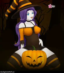 Size: 1251x1420 | Tagged: safe, artist:clouddg, derpibooru import, rarity, equestria girls, clothes, costume, halloween, halloween costume, hat, holiday, kneeling, open mouth, pumpkin, socks, striped socks, thigh highs, witch, witch hat