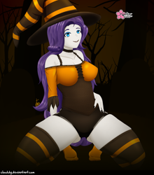 Size: 1251x1420 | Tagged: safe, alternate version, artist:clouddg, derpibooru import, rarity, equestria girls, breasts, cleavage, clothes, costume, halloween, halloween costume, hat, holiday, kneeling, looking at you, raritits, socks, stocking feet, striped socks, thigh highs, witch, witch hat