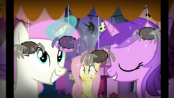 Size: 1920x1080 | Tagged: safe, derpibooru import, screencap, amethyst star, fluttershy, sparkler, twinkleshine, pegasus, pony, spider, unicorn, scare master, female, magic, mare, telekinesis