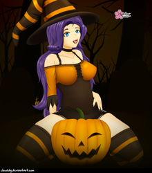 Size: 1251x1420 | Tagged: safe, artist:clouddg, derpibooru import, rarity, human, clothes, costume, halloween, halloween costume, hat, holiday, humanized, kneeling, open mouth, pumpkin, socks, striped socks, thigh highs, witch, witch hat