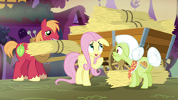 Size: 1920x1080 | Tagged: safe, derpibooru import, screencap, big macintosh, fluttershy, granny smith, earth pony, pegasus, pony, scare master, butt, female, hay, male, mare, plot, stallion