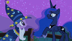 Size: 1280x720 | Tagged: safe, derpibooru import, screencap, princess luna, twilight sparkle, alicorn, pony, unicorn, luna eclipsed, female, mare, star swirl the bearded costume