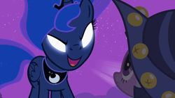 Size: 1280x720 | Tagged: safe, derpibooru import, screencap, princess luna, twilight sparkle, alicorn, pony, unicorn, luna eclipsed, female, glowing eyes, mare, star swirl the bearded costume, traditional royal canterlot voice