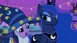 Size: 1280x720 | Tagged: safe, derpibooru import, screencap, princess luna, twilight sparkle, alicorn, pony, unicorn, luna eclipsed, female, mare, star swirl the bearded costume