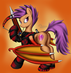 Size: 1659x1709 | Tagged: safe, artist:bomzzzik, derpibooru import, scootaloo, demon, demon pony, original species, pegasus, pony, armor, bat wings, butt, crossbow, digital art, dock, evil, fanart, plot, species swap, wings