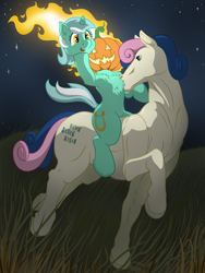 Size: 2448x3264 | Tagged: safe, artist:wispy tuft, derpibooru import, bon bon, lyra heartstrings, sweetie drops, earth pony, pony, unicorn, female, halloween, headless horseman, hoers, holiday, i can tell by the pixels, jack-o-lantern, lesbian, lyrabon, muscles, nightmare night, not salmon, ponies riding ponies, pretty mare, pumpkin, pumpkin head, riding, shipping, shitposting, story included, wat