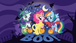 Size: 2560x1440 | Tagged: safe, derpibooru import, pinkie pie, rainbow dash, rarity, bat, mouse, pegasus, pony, unicorn, clothes, costume, female, halloween, hat, holiday, mare, moon, night, pumpkin, stars, stock vector, witch