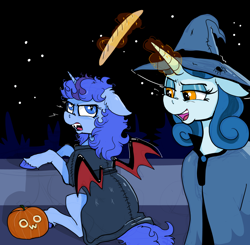 Size: 1200x1178 | Tagged: safe, artist:paskanaakka, derpibooru exclusive, derpibooru import, oc, oc only, oc:cerulean swirls, oc:midnight dew, undead, unicorn, vampire, vampony, baguette, bread, clothes, colored hooves, costume, fake wings, fangs, female, floppy ears, food, halloween, hat, holiday, jack-o-lantern, mare, night, owo, pumpkin, witch hat