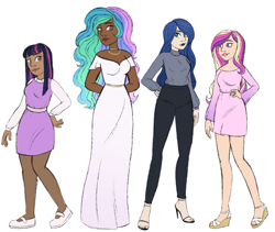 Size: 1413x1192 | Tagged: safe, artist:unicorngutz, derpibooru import, princess cadance, princess celestia, princess luna, twilight sparkle, human, alternate hairstyle, belt, clothes, dark skin, diversity, dress, feet, female, grin, group, half-siblings, high heels, humanized, jeans, jewelry, lipstick, makeup, mary janes, necklace, pants, royal sisters, sandals, shirt, shoes, simple background, sisters, skirt, smiling, step-siblings, stockings, sweater, thigh highs, white background