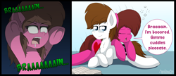 Size: 4650x2000 | Tagged: safe, artist:aarondrawsarts, derpibooru import, oc, oc:brain teaser, oc:rose bloom, earth pony, undead, zombie, bored, brainbloom, chest fluff, comic, drool, female, glasses, halloween, holiday, lying down, lying on top of someone, male, messy mane, nightmare night, oc x oc, shipping, straight, tired