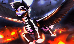 Size: 1392x838 | Tagged: safe, artist:dolorosacake, derpibooru import, pumpkin smoke, oc, pegasus, pony, skeleton pony, bats!, bone, commission, community related, halloween, holiday, hooves, pumpkin, skeleton, solo