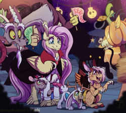 Size: 1600x1437 | Tagged: safe, artist:inuhoshi-to-darkpen, derpibooru import, discord, fluttershy, oc, oc:serenity, draconequus, hybrid, pegasus, pony, chest fluff, clothes, costume, discoshy, ear fluff, female, halloween, halloween costume, holiday, interspecies offspring, male, offspring, open mouth, parent:discord, parent:fluttershy, parents:discoshy, shipping, straight, wing fluff