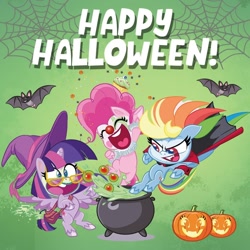Size: 1080x1080 | Tagged: safe, derpibooru import, pinkie pie, rainbow dash, twilight sparkle, twilight sparkle (alicorn), alicorn, bat, earth pony, pegasus, pony, undead, vampire, vampony, my little pony: pony life, cauldron, clothes, clown, costume, halloween, halloween costume, holiday, instagram, official, pumpkin, spider web, witch