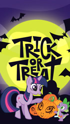 Size: 1080x1920 | Tagged: safe, derpibooru import, spike, twilight sparkle, alicorn, bat, dragon, unicorn, halloween, holiday, house, moon, night, pumpkin, smiling, stock vector, trick or treat