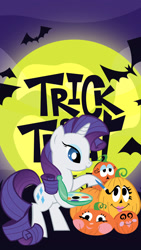 Size: 1080x1920 | Tagged: safe, derpibooru import, rarity, bat, pony, unicorn, color, female, halloween, holiday, mare, moon, night, pumpkin, solo, stock vector, trick or treat