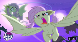 Size: 496x269 | Tagged: safe, derpibooru import, screencap, fluttershy, bat, bat pony, pegasus, pony, bats!, angry, bat ponified, fangs, flutterbat, full moon, moon, my little pony logo, race swap, shocked, solo, spread wings, time, wings, youtube link