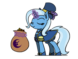 Size: 1800x1350 | Tagged: safe, artist:flutterluv, derpibooru import, trixie, pony, unicorn, candy bag, clothes, costume, magic, nightmare night costume, simple background, solo, telekinesis, transparent background