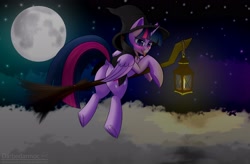 Size: 3296x2160 | Tagged: safe, alternate version, artist:darbedarmoc, derpibooru import, twilight sparkle, twilight sparkle (alicorn), alicorn, pony, blushing, broom, butt, candle, clothes, cloud, costume, dock, female, flying, flying broomstick, frog (hoof), halloween, hat, holiday, horn, lamp, lantern, looking at you, looking back, looking back at you, mare, moon, night, plot, robe, sky, solo, solo female, spreading, stars, tail, tail aside, tongue out, two toned mane, underhoof, wings, witch, witch costume, witch hat