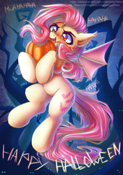 Size: 1061x1500 | Tagged: safe, artist:chaosangeldesu, derpibooru import, fluttershy, bat pony, bat ponified, cute, ear fluff, female, flutterbat, flying, halloween, heart eyes, holiday, laughing, leg fluff, open mouth, pumpkin, race swap, shyabates, shyabetes, solo, wingding eyes