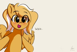 Size: 2500x1700 | Tagged: safe, artist:potato22, derpibooru import, oc, oc only, oc:oulie mareota, pegasus, pony, blushing, dialogue, eye clipping through hair, eyebrows visible through hair, female, mare, open mouth, simple background, smiling, solo, spread wings, wah, white background, wings