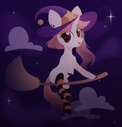 Size: 3000x3127 | Tagged: safe, artist:belka-sempai, derpibooru import, oc, oc only, oc:belka, pony, unicorn, broom, clothes, cloud, ear piercing, female, flying, flying broomstick, hat, mare, night, piercing, smiling at you, socks, solo, stars, striped socks, witch, witch hat