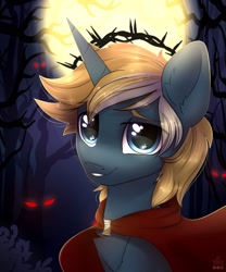 Size: 1498x1800 | Tagged: safe, artist:reterica, derpibooru import, oc, oc only, oc:wooded bastion, pony, unicorn, background eyes, blonde, blonde mane, blue coat, blue eyes, bust, cape, clasp, cloak, clothes, creepy, crown of thorns, cyan coat, eye clipping through hair, eyebrows visible through hair, glowing eyes, halo, lidded eyes, male, moon, night, pin, portrait, smiling, solo, stallion, tree