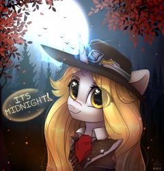 Size: 2016x2100 | Tagged: safe, artist:reterica, derpibooru import, oc, oc only, bird, pony, unicorn, bust, clothes, costume, cut, dialogue, eye clipping through hair, eyebrows visible through hair, female, forest, glowing horn, halloween, halloween costume, hat, holiday, horn, magic, mare, moon, night, portrait, scenery, smiling at you, solo, tree, van helsing