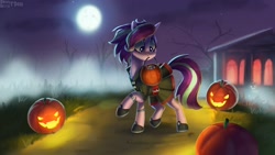 Size: 2500x1406 | Tagged: safe, artist:enderselyatdark, derpibooru import, starlight glimmer, pony, unicorn, candy, clothes, costume, food, full moon, halloween, holiday, moon, night, nightmare night, pumpkin, solo