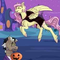 Size: 1280x1280 | Tagged: safe, artist:periwinklechick, derpibooru import, doctor caballeron, fluttershy, earth pony, pegasus, pony, undead, vampire, vampony, caballershy, candy pail, cape, clothes, costume, female, frankenstein's monster, male, mare, mouth hold, night, nightmare night, nightmare night costume, ponyville, pumpkin bucket, shipping, stallion, straight