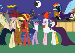 Size: 1600x1124 | Tagged: safe, artist:aeon-silence, artist:icey-wicey-1517, color edit, derpibooru import, edit, applejack, fluttershy, pinkie pie, rainbow dash, rarity, sunset satan, sunset shimmer, twilight sparkle, twilight sparkle (alicorn), alicorn, bat pony, demon, demon pony, earth pony, original species, pegasus, pony, unicorn, animal costume, bat ponified, black sclera, cape, chicken pie, chicken suit, clothes, cloud, colored, colored sclera, costume, cowboy hat, doctor doomity, dress, female, flawless rarity, flutterbat, goggles, grin, halloween, hat, holiday, house, mane six, mare, mare in the moon, mask, moon, night, nightmare night, nightmare night costume, race swap, scarecrow, shadowbolt dash, shadowbolts, shadowbolts costume, shirt, smiling, star swirl the bearded costume, wizard hat