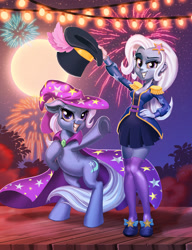 Size: 1762x2300 | Tagged: safe, artist:harwick, derpibooru import, trixie, pony, unicorn, equestria girls, bipedal, clothes, female, fireworks, full moon, hand on hip, hat, human ponidox, lights, looking at you, magician outfit, mare, moon, night, self ponidox, sky, smiling, stockings, thigh highs, top hat, zettai ryouiki