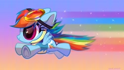 Size: 4096x2304 | Tagged: safe, artist:rrd-artist, derpibooru import, rainbow dash, pegasus, pony, chibi, clothes, cute, dashabetes, ear fluff, flying, goggles, profile, rainbow trail, smiling, solo, spread wings, tiny, tiny ponies, uniform, wings, wonderbolt trainee uniform