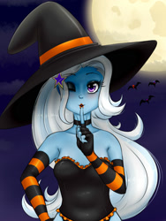 Size: 1500x2000 | Tagged: safe, artist:albertbm, derpibooru import, trixie, bat, equestria girls, blushing, clothes, costume, full moon, halloween, halloween costume, hat, holiday, looking at you, moon, one eye closed, silence, witch, witch hat