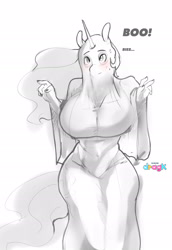 Size: 1539x2239 | Tagged: safe, artist:dragk, derpibooru import, princess celestia, alicorn, anthro, ghost, undead, bedsheet ghost, big breasts, breasts, clothes, costume, curvy, cute, halloween, halloween costume, holiday, horn, huge breasts, princess breastia, sheet, solo