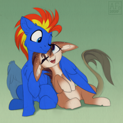 Size: 3500x3491 | Tagged: safe, artist:airfly-pony, derpibooru import, oc, oc only, oc:case, oc:wing hurricane, pegasus, pony, unicorn, cute, female, hug, looking up, male, not shipping, wings