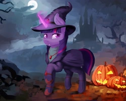 Size: 3103x2485 | Tagged: safe, artist:dukevonkessel, derpibooru import, twilight sparkle, pony, castle, clothes, costume, full moon, halloween, halloween costume, hat, high res, holiday, horn, magic, moon, night, solo