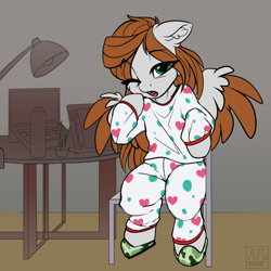 Size: 3364x3364 | Tagged: safe, artist:airfly-pony, derpibooru import, oc, oc only, oc:scarlett drop, pegasus, pony, clothes, cute, eye clipping through hair, female, long hair, looking at you, ocbetes, one eye closed, open mouth, pajamas, sitting, slippers, wings, yawn