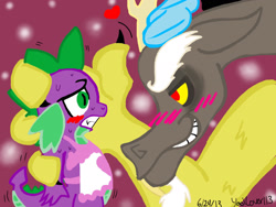 Size: 2048x1536 | Tagged: safe, artist:artmama113, derpibooru import, discord, spike, draconequus, dragon, apron, blushing, clothes, dispike, gay, grin, heart, looking at each other, male, naked apron, shipping, signature, smiling, sweat