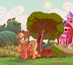 Size: 4500x3995 | Tagged: safe, artist:docwario, artist:modularpon, derpibooru import, applejack, earth pony, pony, collaboration, apple, apple tree, bucket, corn, featured image, female, food, grin, jacktober, looking at you, mare, scenery, smiling, smiling at you, solo, sweet apple acres, tree