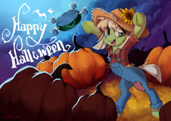Size: 842x596 | Tagged: safe, artist:ginjallegra, derpibooru import, oc, oc:arion, oc:milli, earth pony, pony, robot, clothes, drone, dungarees, earth pony oc, eponafest, female, flower, food, halloween, hat, holiday, mare, pumpkin, scarecrow, sunflower, wheat