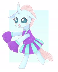 Size: 1560x1920 | Tagged: safe, artist:ginmaruxx, derpibooru import, ocellus, changedling, changeling, bipedal, blushing, cheerleader, cheerleader ocellus, cheerleader outfit, clothes, cute, diaocelles, female, open mouth, pom pom, solo