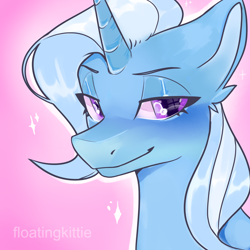 Size: 1500x1500 | Tagged: safe, artist:art-dumpsterfire, derpibooru import, trixie, pony, unicorn, bust, ear fluff, female, mare, pink background, portrait, simple background, solo