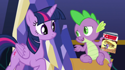 Size: 1920x1080 | Tagged: safe, derpibooru import, screencap, spike, twilight sparkle, twilight sparkle (alicorn), alicorn, dragon, the last problem, comic book, twilight's castle, winged spike