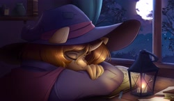 Size: 4096x2371 | Tagged: safe, artist:ardail, derpibooru import, oc, oc only, oc:sleepysketch, anthro, unicorn, anthro oc, book, bookmark, cute, gas lamp, hat, lantern, moon, ocbetes, sleeping, solo, studying, window, witch hat