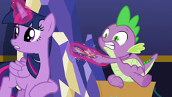 Size: 1920x1080 | Tagged: safe, derpibooru import, screencap, spike, twilight sparkle, twilight sparkle (alicorn), alicorn, dragon, the last problem, comic book, twilight's castle, winged spike